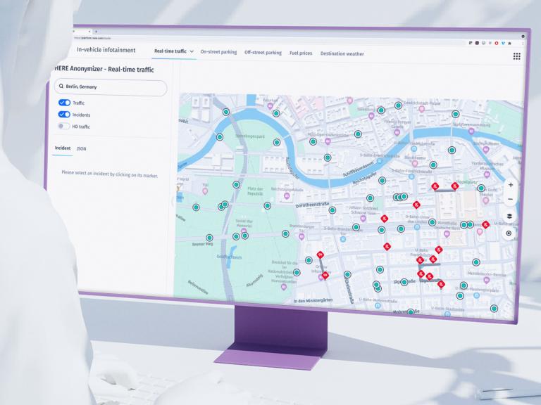 graphic depicting HERE Anonymizer in action on a monitor