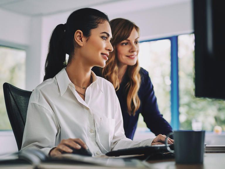 Two professional employees at a desk