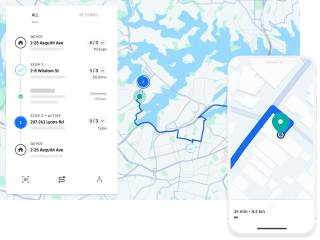 A location based app development of a routing API showing a delivery route featuring pick-ups, returns, time of delivery, number of stops and time to depot.