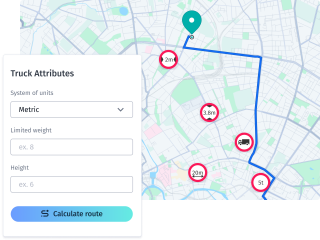 Truck routing map showing the precise location of road restrictions, including weight and height limits.