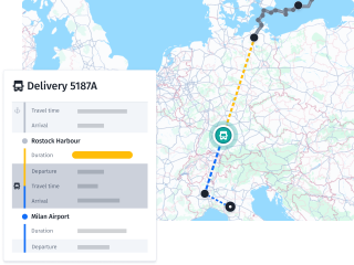 A routing app used for asset tracking, illustrating what real-time map data looks like including; duration, travel time and arrival time for multiple stops.