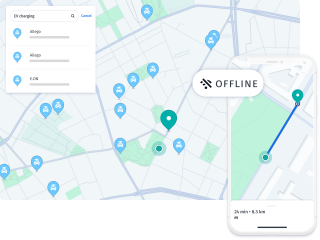 A location based service app showing nearby charging stations for electric vechile. The real-time location system is also offline.