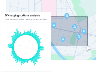 A map of geospatial data showing map analytics of nearby charging stations for electric vehicles and the traffic flow between them.
