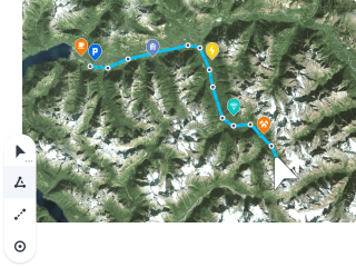 Custom mapping software showing a driving route through a mountain range that includes parking, charging stations and restaurants.