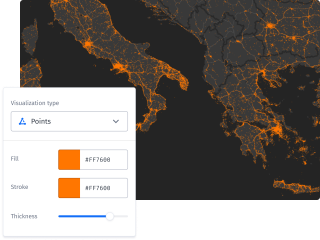 A map visualization using location data. It shows how a user can edit stylings such as fill, stroke and thickness.
