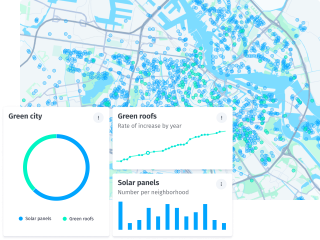An interactive visualization created by mapping tools. It shows the number of solar panels per neighborhood and the rate green roofs increase year on year.