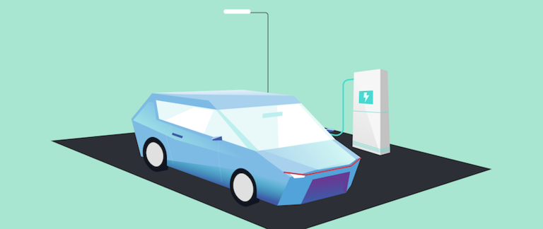 An illustration or graphic of an electric vehicle (EV) charging at an charging point.