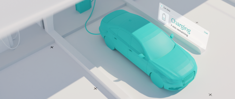 A 3D illustration of an electric vehicle charging at a charging station.