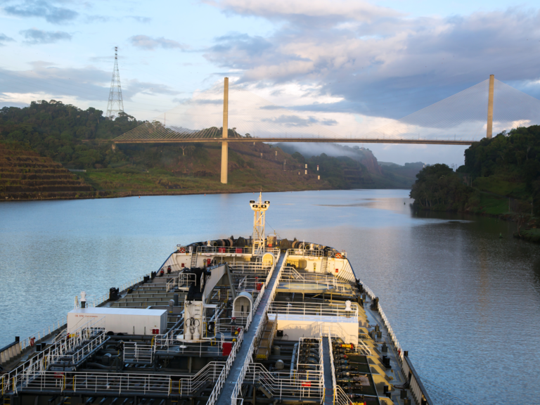 A container ship travels through the Panama Canal.
